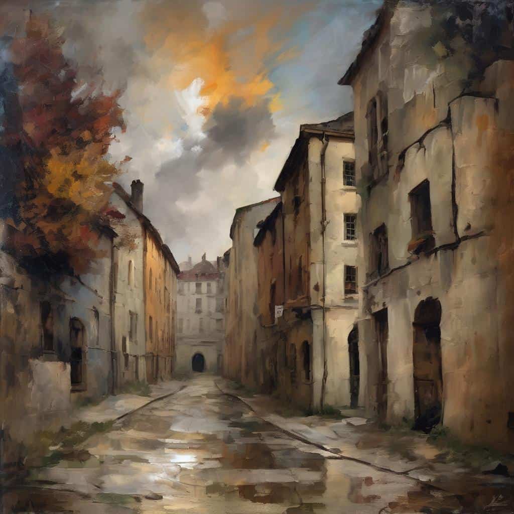 Οδός παλιάς πόλης με εγκαταλειμμένα κτίρια και μουντό ουρανό, αναδεικνύοντας την τέχνη και κοινωνική αλλαγή.