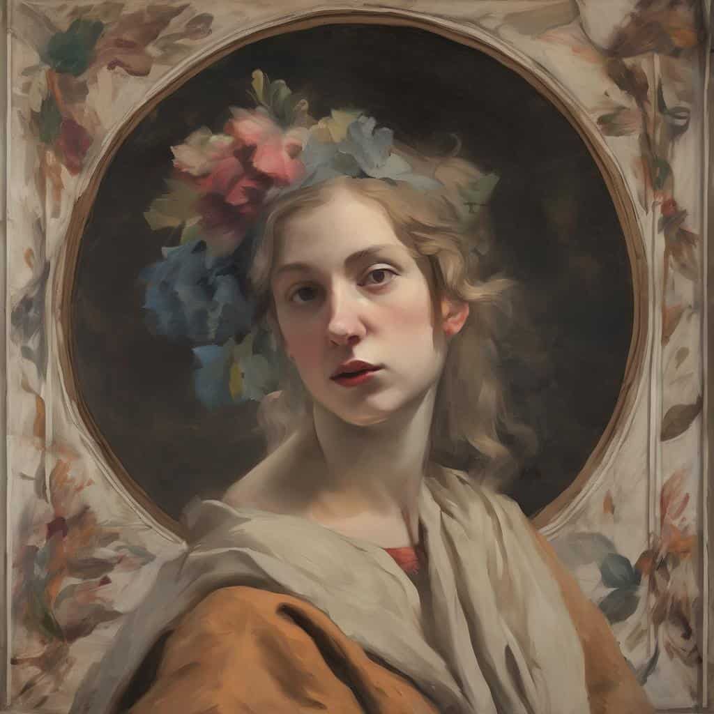 θεατρική ποικιλία και κοινωνική αλλαγή μέσω τέχνης, σύγχρονο πορτρέτο γυναίκας με φόντο λουλούδια.